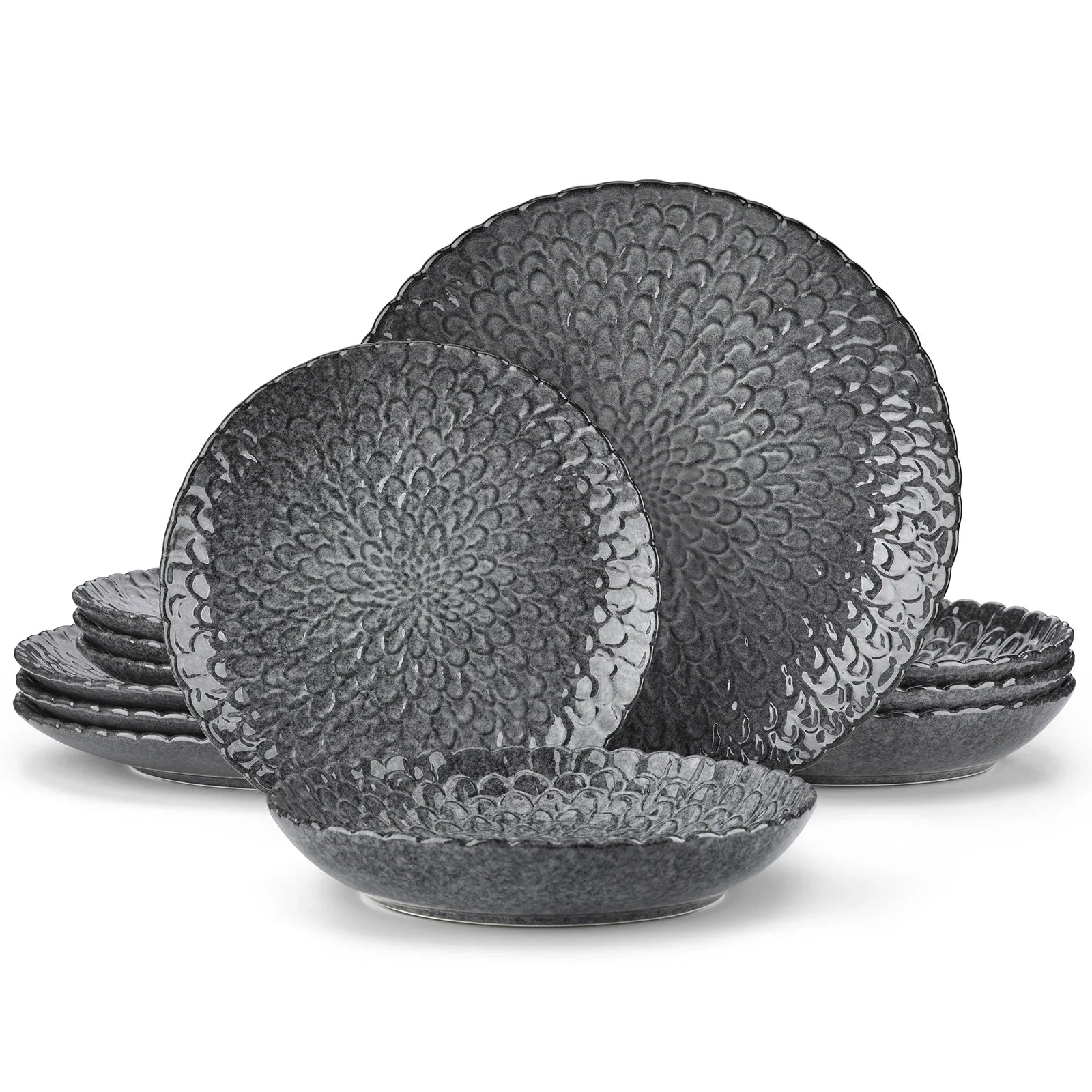 Service de vaisselle en grès gris texturé – Ensemble 12 ou 24 pièces avec assiettes dîner, dessert et soupe