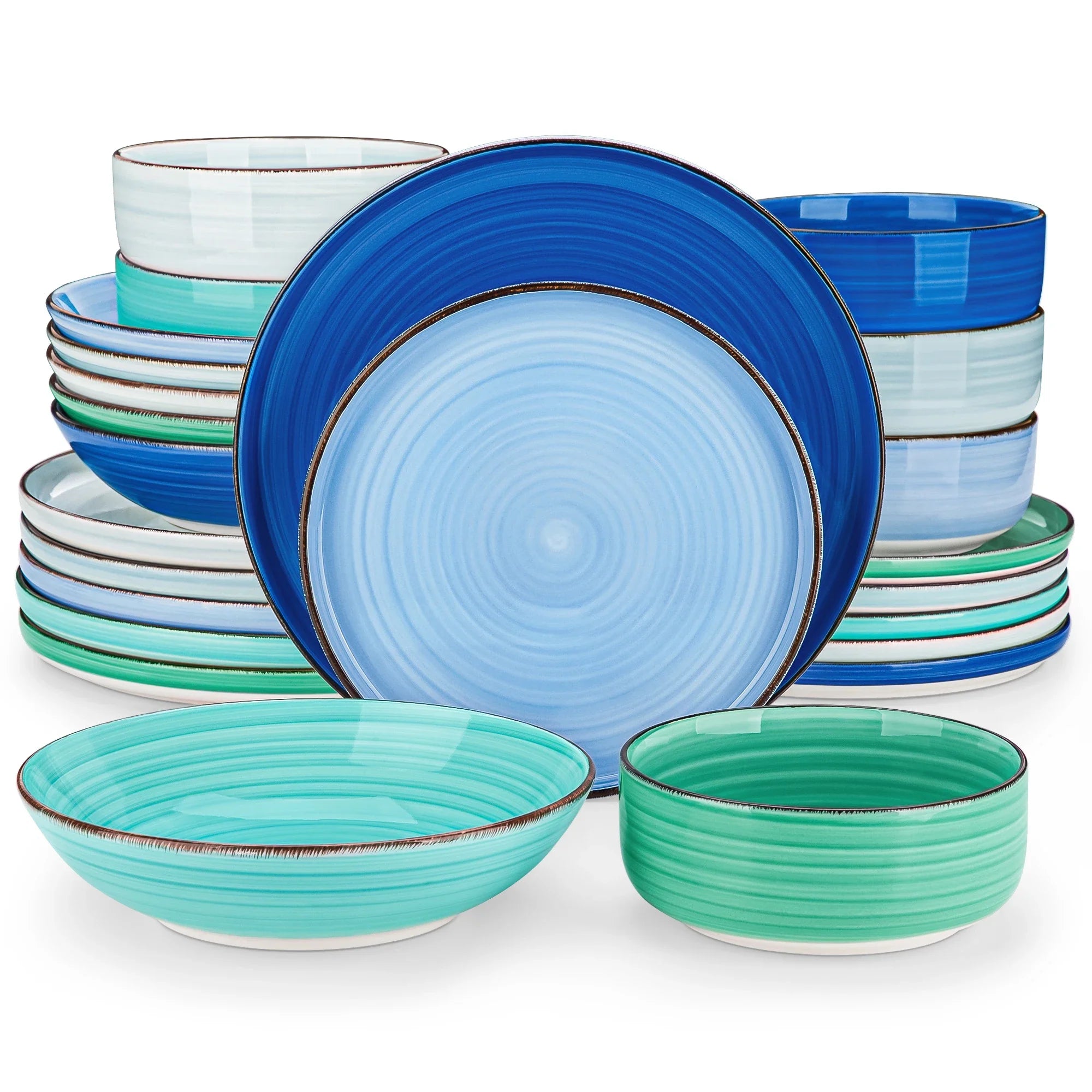 Service de vaisselle en céramique motif spirale peint à la main – Ensemble 12, 18 ou 24 pièces avec assiettes et bols