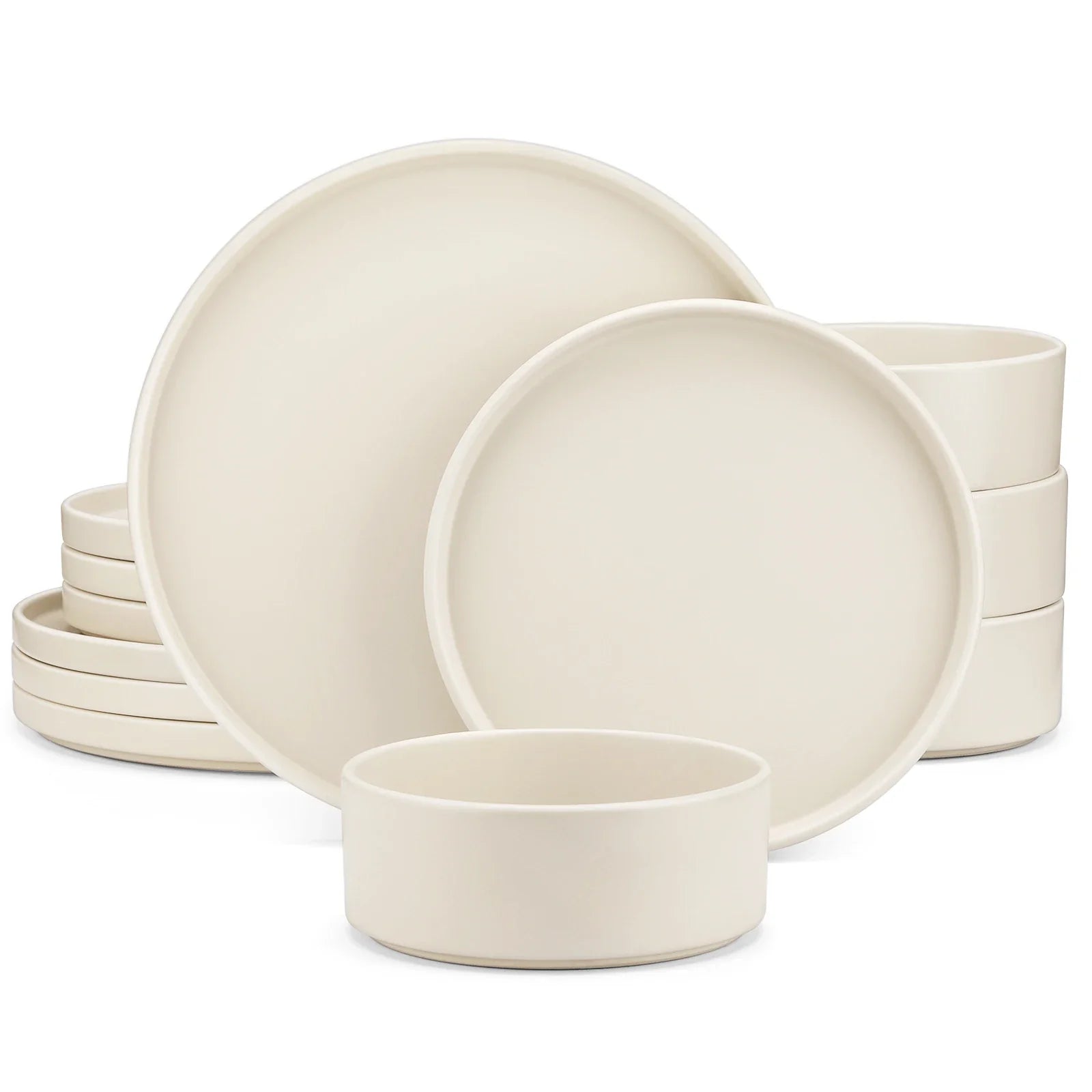 Service de table en grès blanc finition crème – Ensemble avec assiettes et bols, différentes configurations