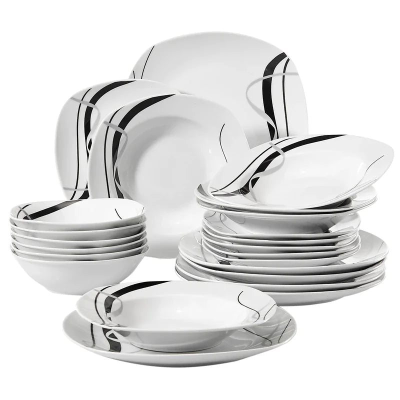 Ensemble de vaisselle en porcelaine noire 24 pièces – Assiettes plates, creuses et à dessert avec motif lignes