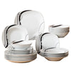 Ensemble de vaisselle en porcelaine noire 24 pièces – Assiettes plates, creuses et à dessert avec motif lignes