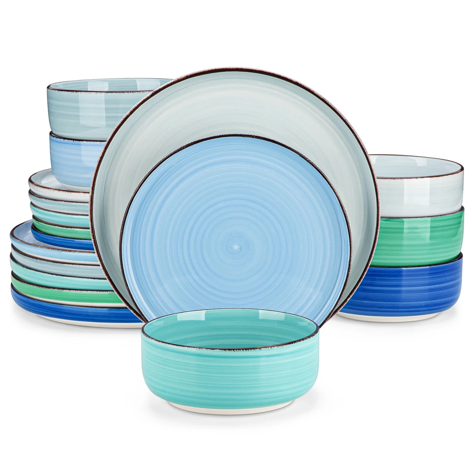 Service de vaisselle en céramique motif spirale peint à la main – Ensemble 12, 18 ou 24 pièces avec assiettes et bols