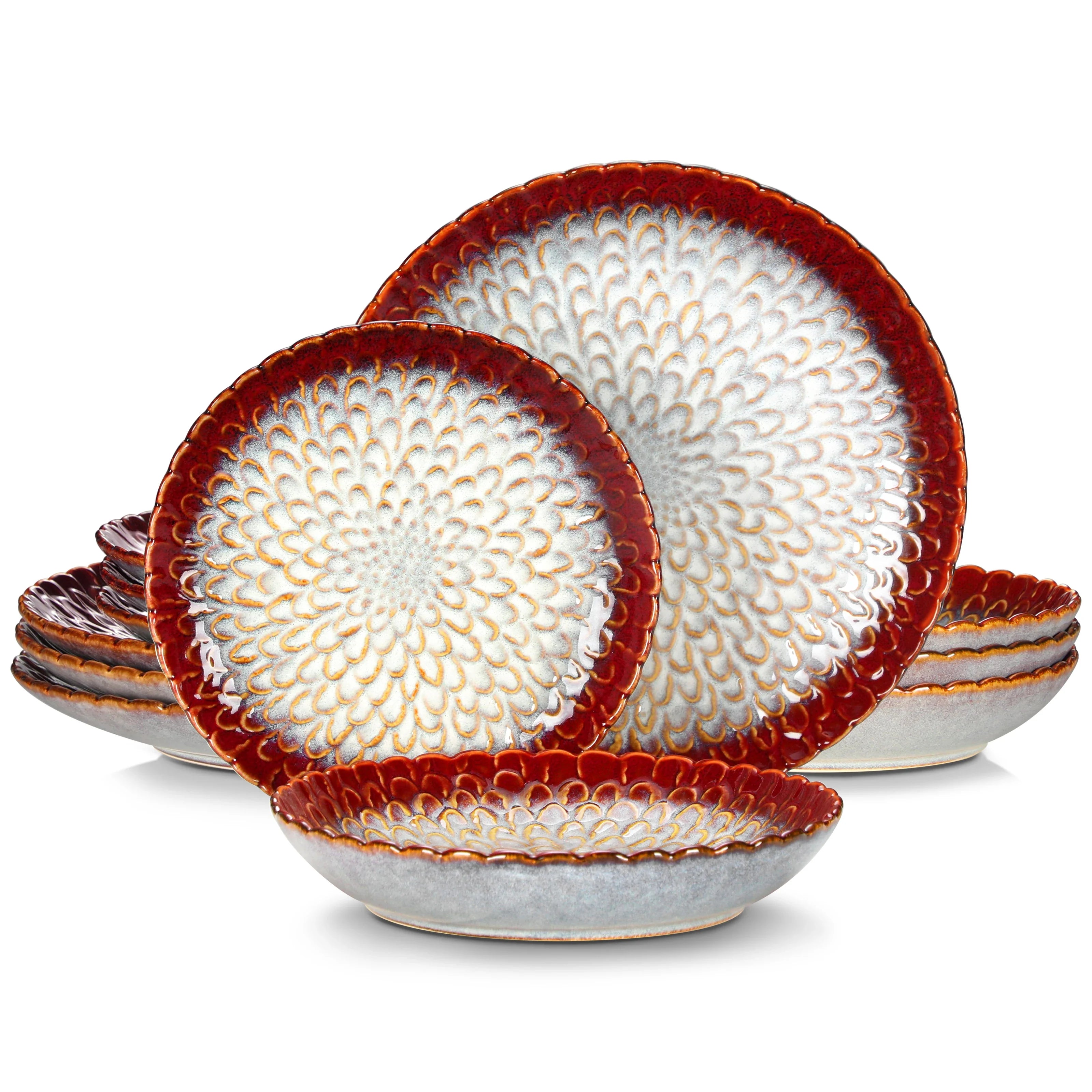 Service de vaisselle en grès gris texturé – Ensemble 12 ou 24 pièces avec assiettes dîner, dessert et soupe