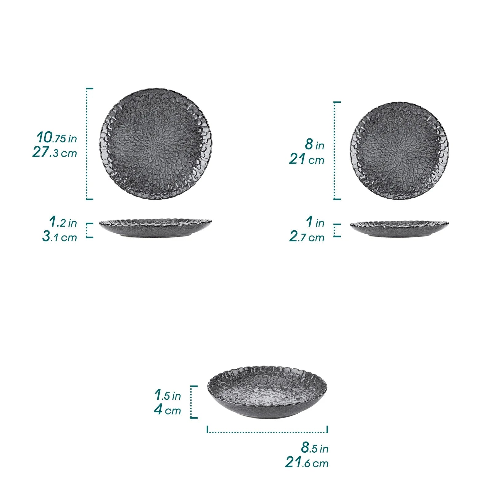Service de vaisselle en grès gris texturé – Ensemble 12 ou 24 pièces avec assiettes dîner, dessert et soupe