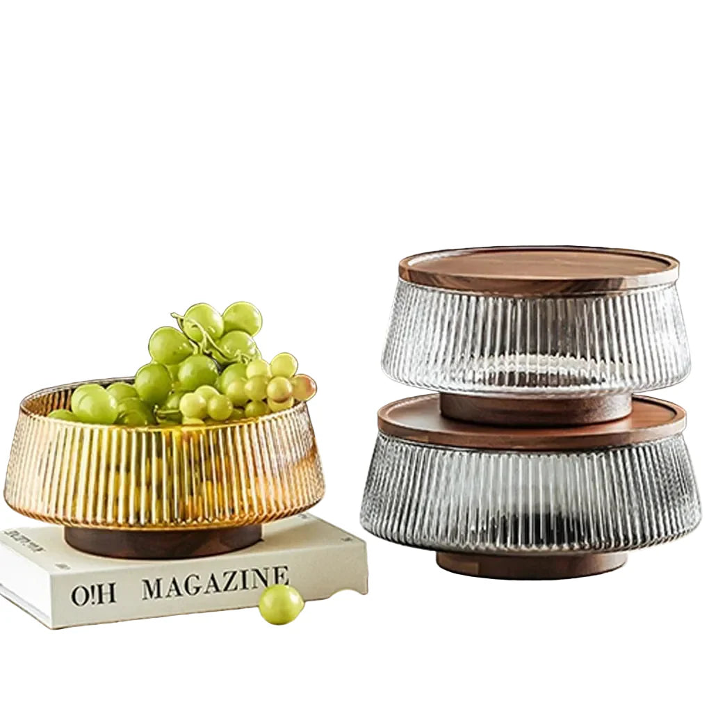 Bol à salade en verre avec base et couvercle en bois d’acacia – Plateau de service multifonction