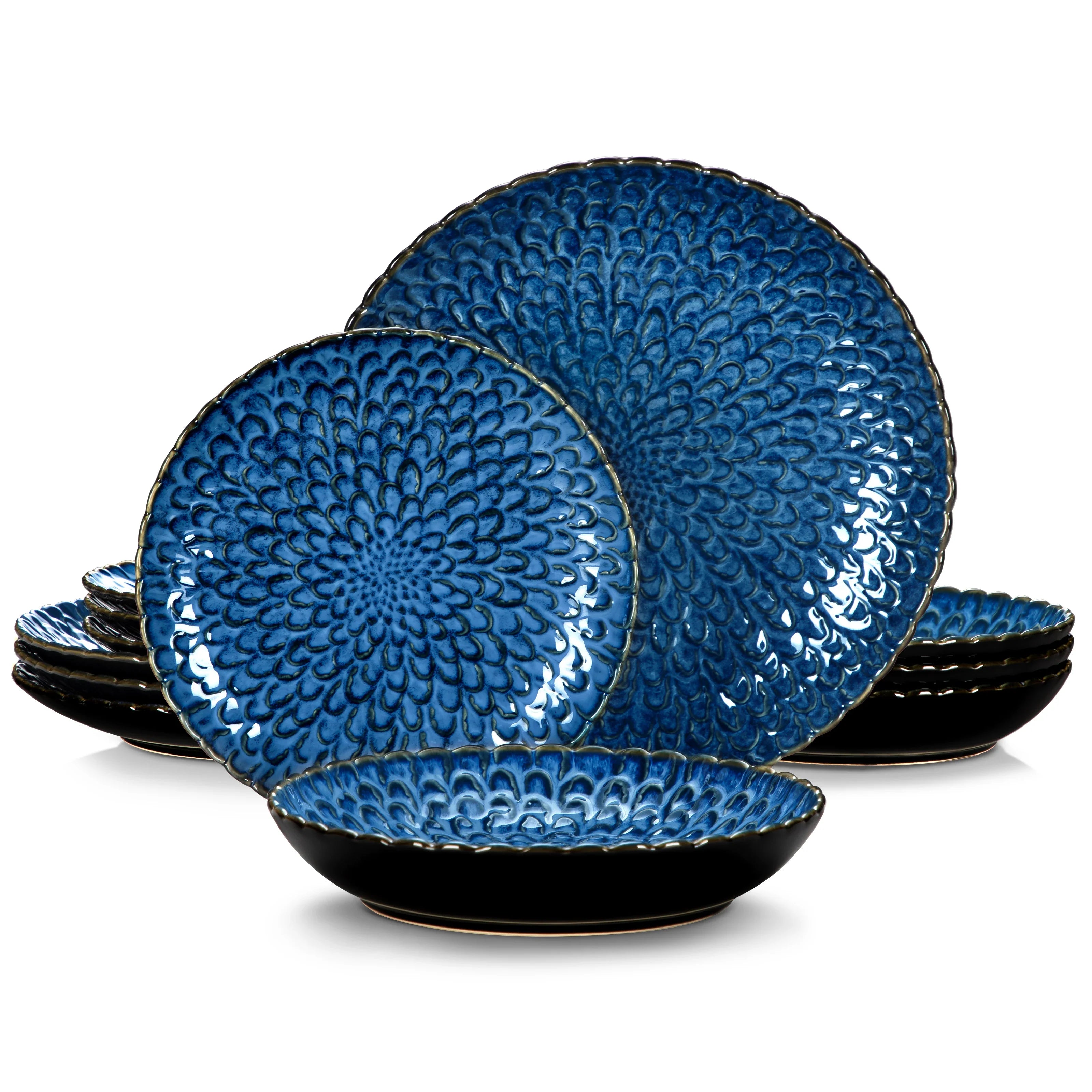 Service de vaisselle en grès gris texturé – Ensemble 12 ou 24 pièces avec assiettes dîner, dessert et soupe