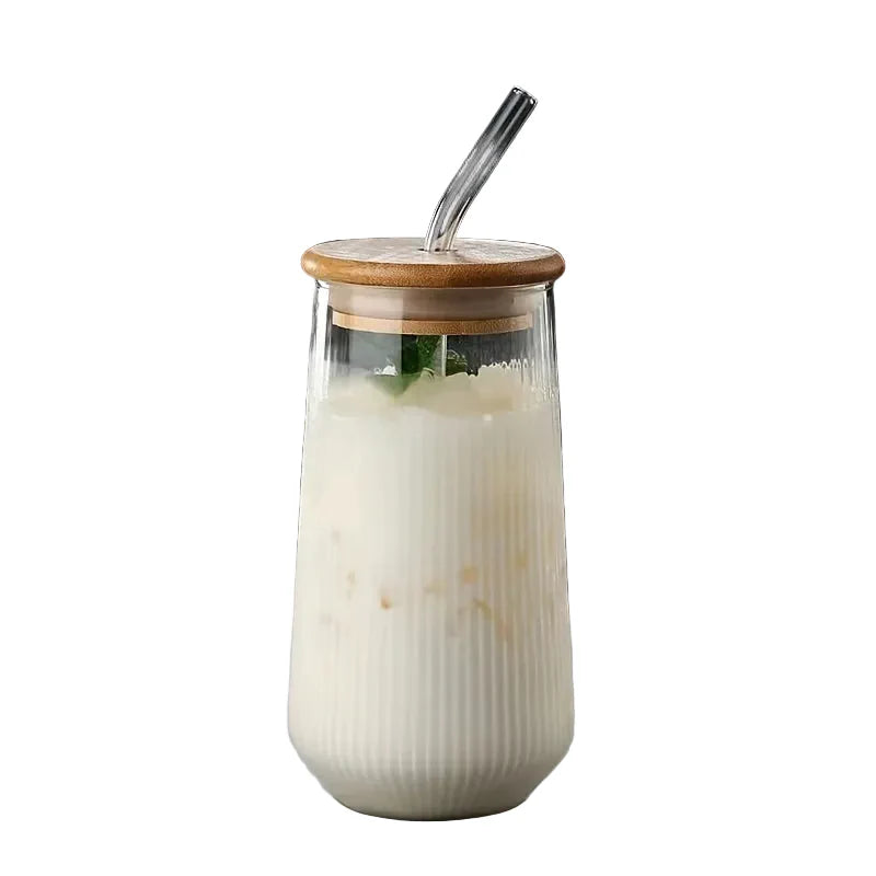 Tasse en verre transparent à rayures verticales avec couvercle et paille – Ensemble 4 ou 6 pièces
