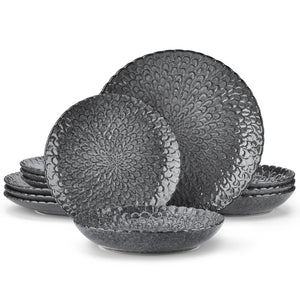Service de vaisselle en grès gris texturé – Ensemble 12 ou 24 pièces avec assiettes dîner, dessert et soupe