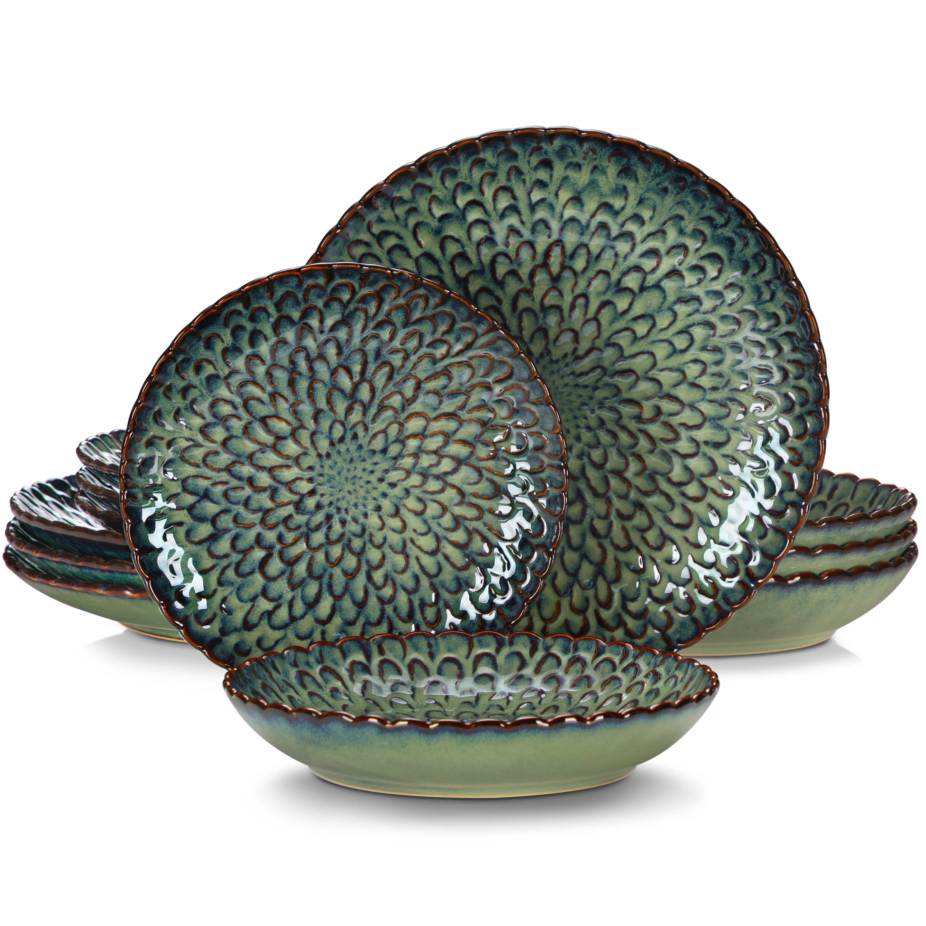 Service de vaisselle en grès gris texturé – Ensemble 12 ou 24 pièces avec assiettes dîner, dessert et soupe