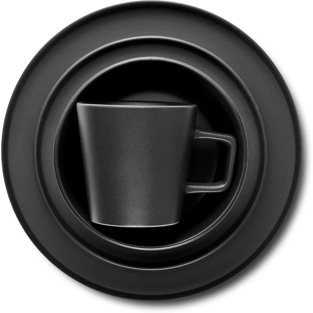 Service de table en céramique noir mat 16 pièces – Assiettes et bols compatibles lave-vaisselle et micro-ondes