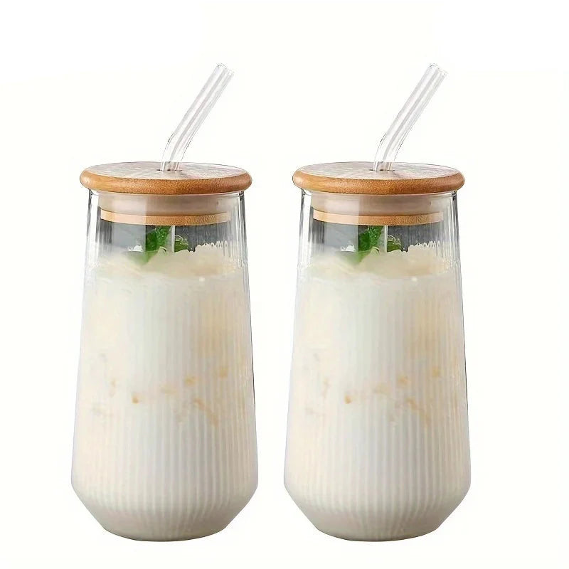 Tasse en verre transparent à rayures verticales avec couvercle et paille – Ensemble 4 ou 6 pièces