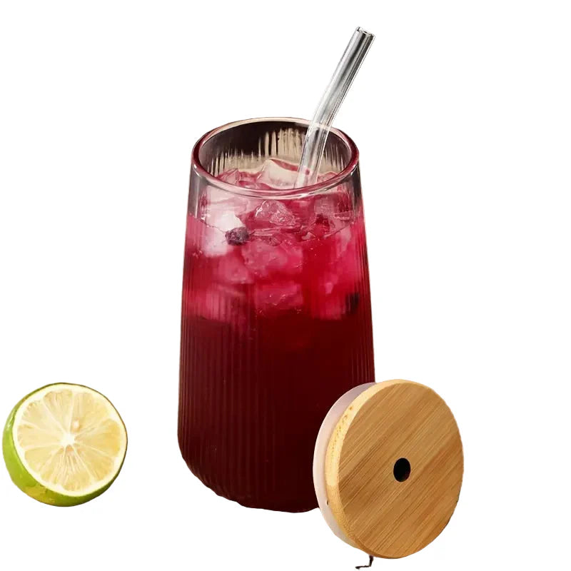 Tasse en verre transparent à rayures verticales avec couvercle et paille – Ensemble 4 ou 6 pièces