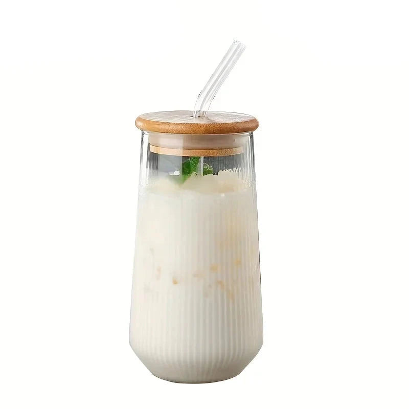Tasse en verre transparent à rayures verticales avec couvercle et paille – Ensemble 4 ou 6 pièces