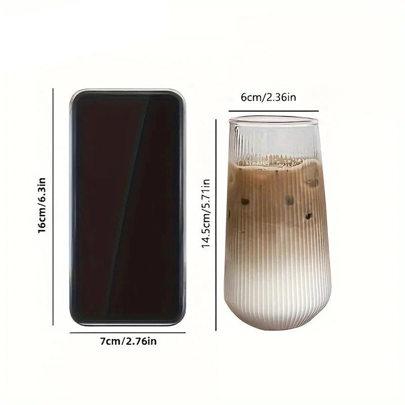 Tasse en verre transparent à rayures verticales avec couvercle et paille – Ensemble 4 ou 6 pièces